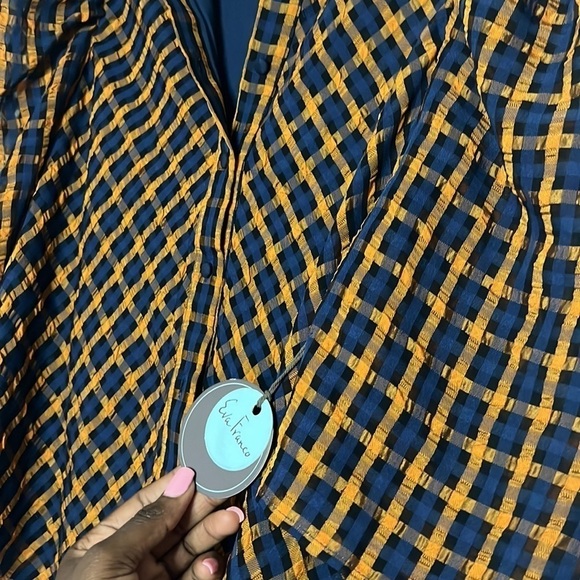 Eva Franco Anthropologie Textured Plaid Blouse Size 6 NWT Navy and Mustard - Picture 8 of 10